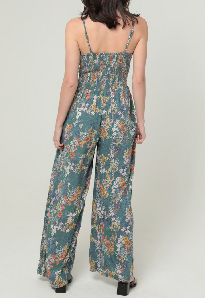 Floral Print V Neck Jumpsuit With Pocket