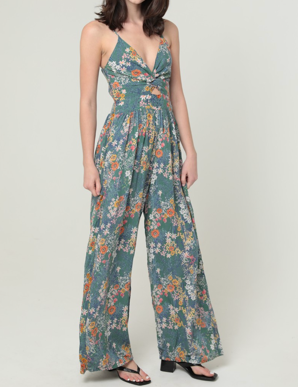 Floral Print V Neck Jumpsuit With Pocket