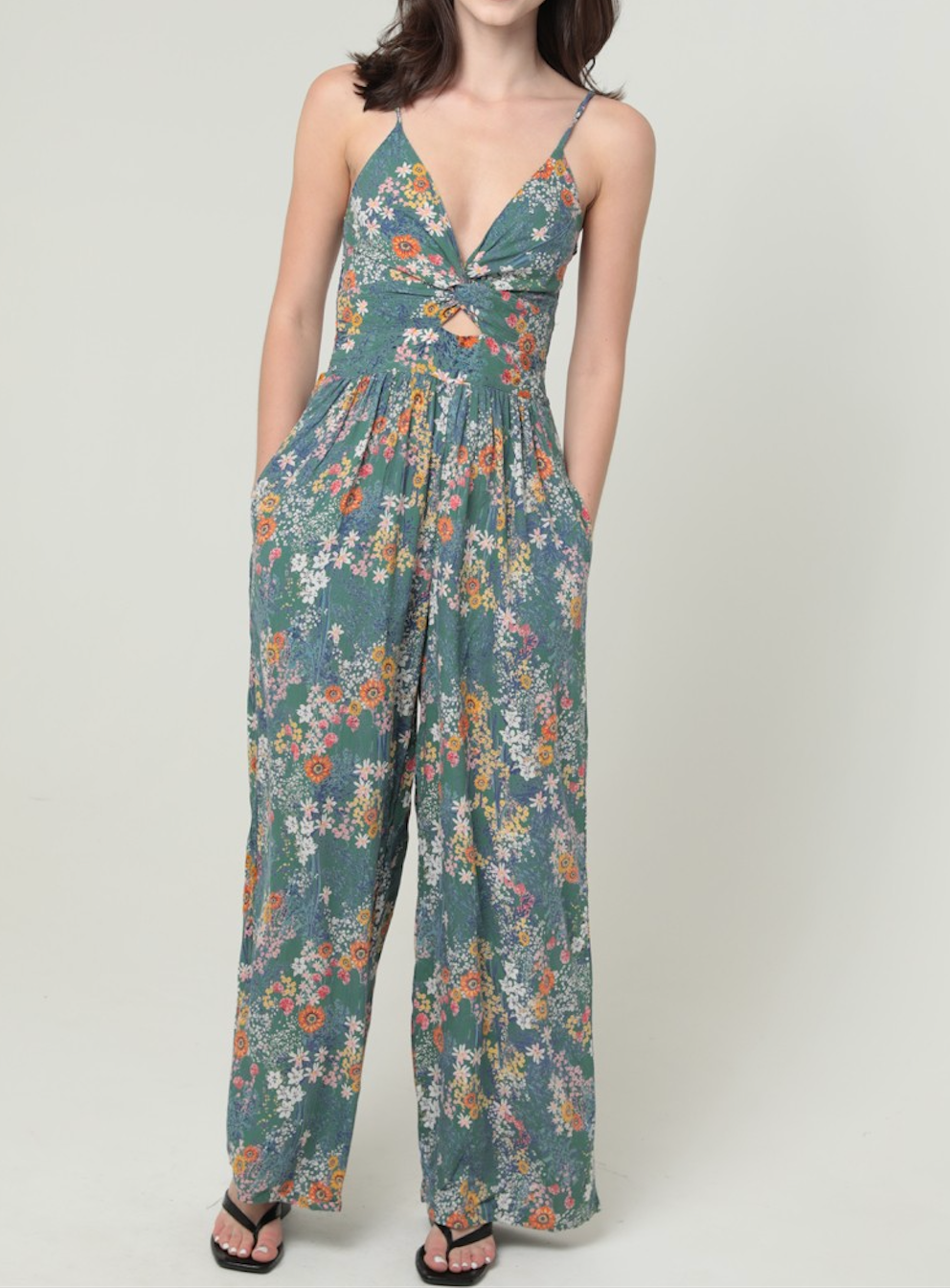 Floral Print V Neck Jumpsuit With Pocket