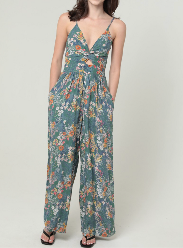 Floral Print V Neck Jumpsuit With Pocket