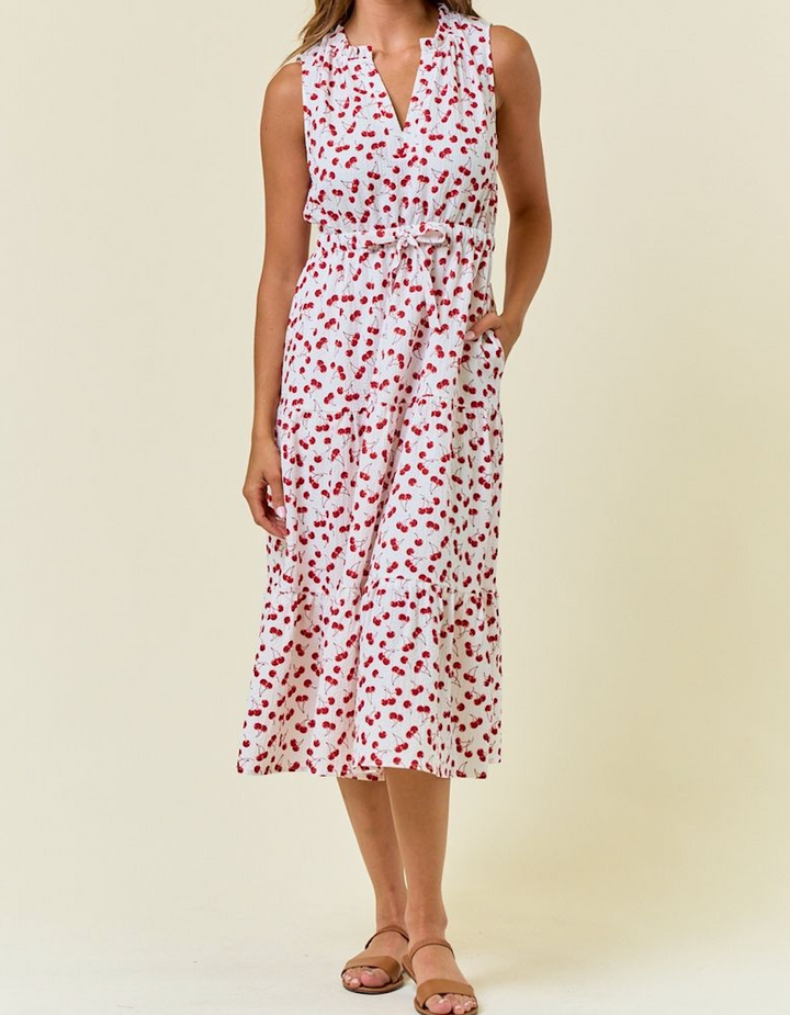 Cherry Print Tiered Midi