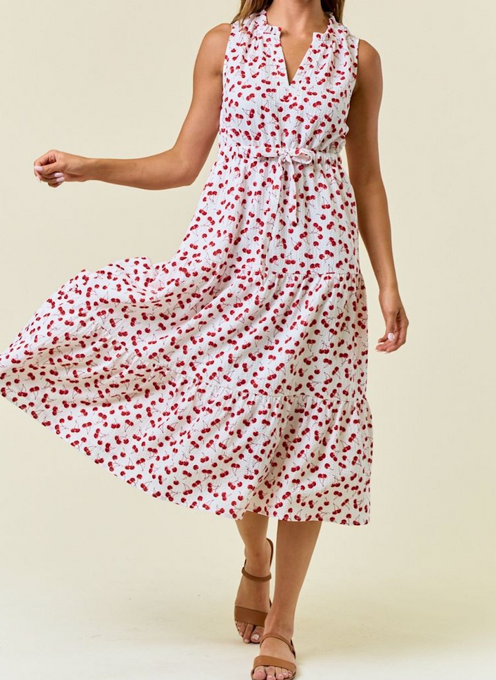 Cherry Print Tiered Midi