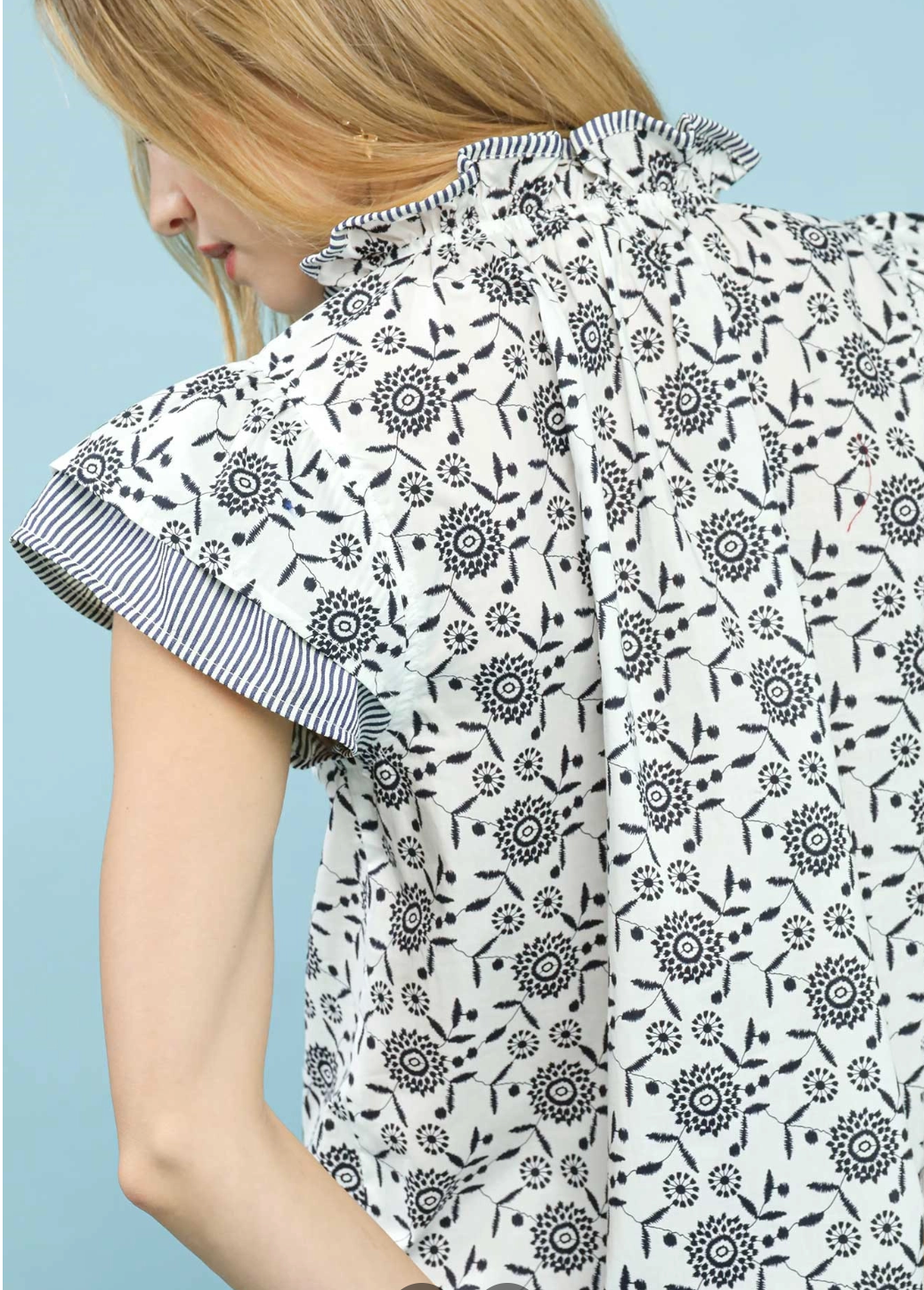 Mixed Print Ruffle Sleeve Top