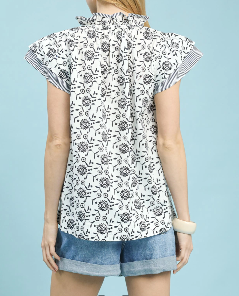 Mixed Print Ruffle Sleeve Top