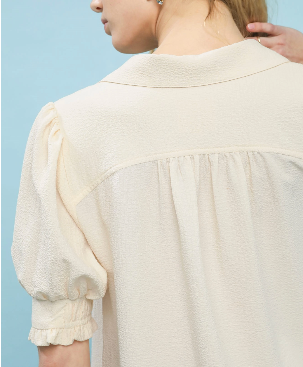 Seersucker Puff Sleeve Blouse