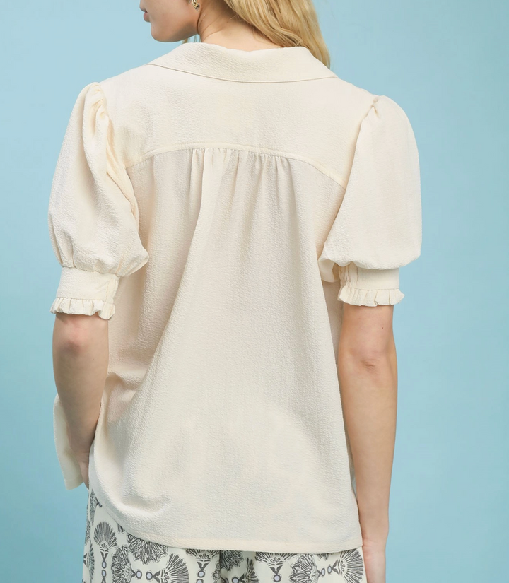 Seersucker Puff Sleeve Blouse