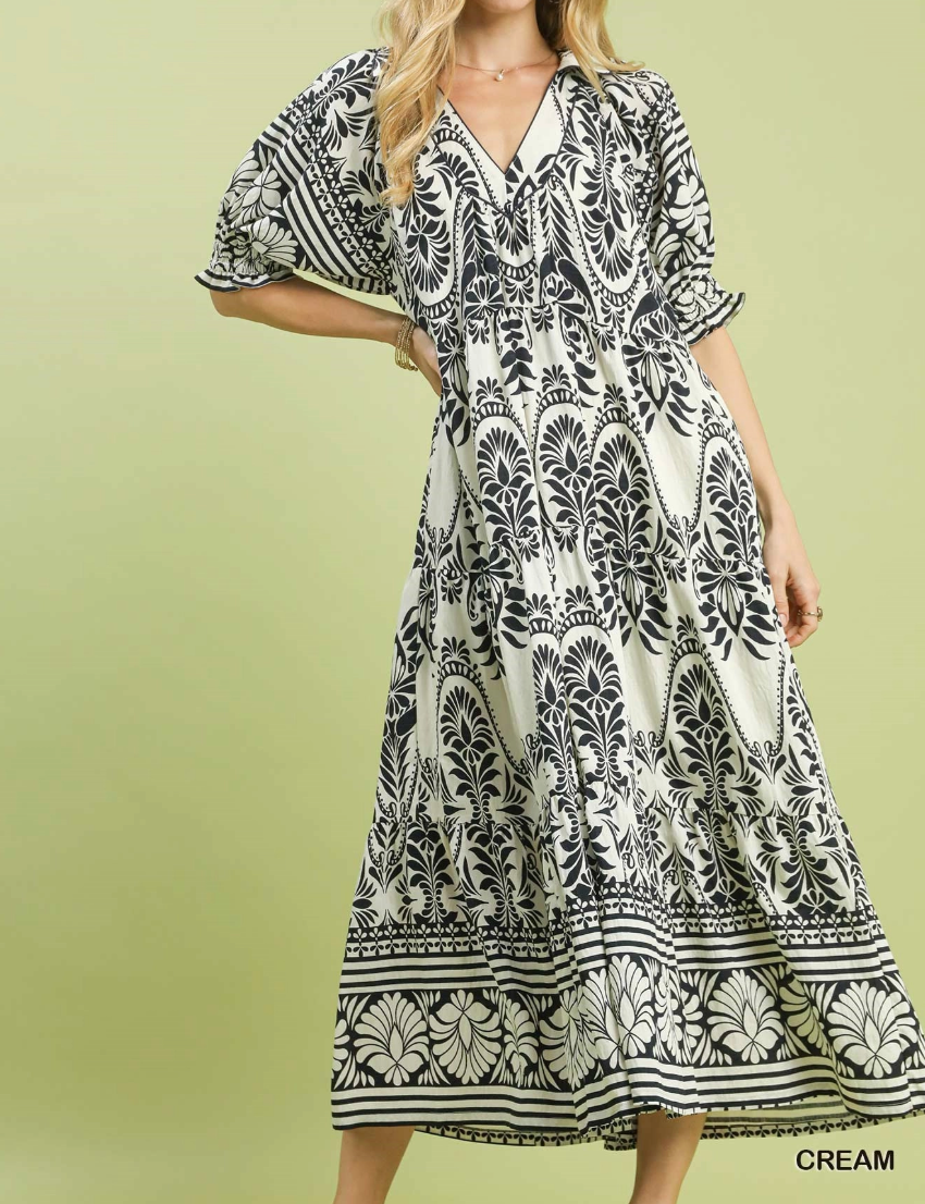 Umgee Two Tone Border Print Midi Dress for Women S / Cream Umgee Two Tone Border Print Midi Dress for Women S / Cream
