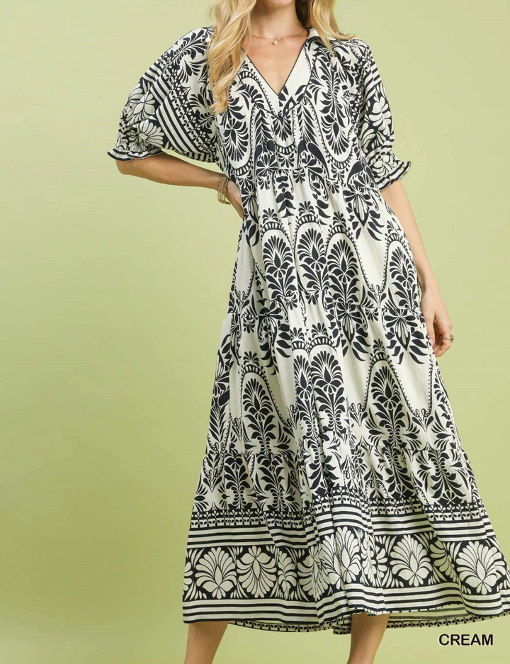 Two tone Border Print Midi Dress