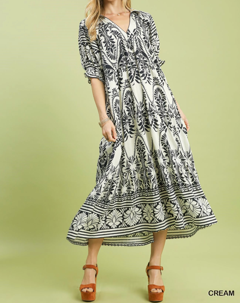 Umgee Two Tone Border Print Midi Dress for Women S / Cream Umgee Two Tone Border Print Midi Dress for Women S / Cream