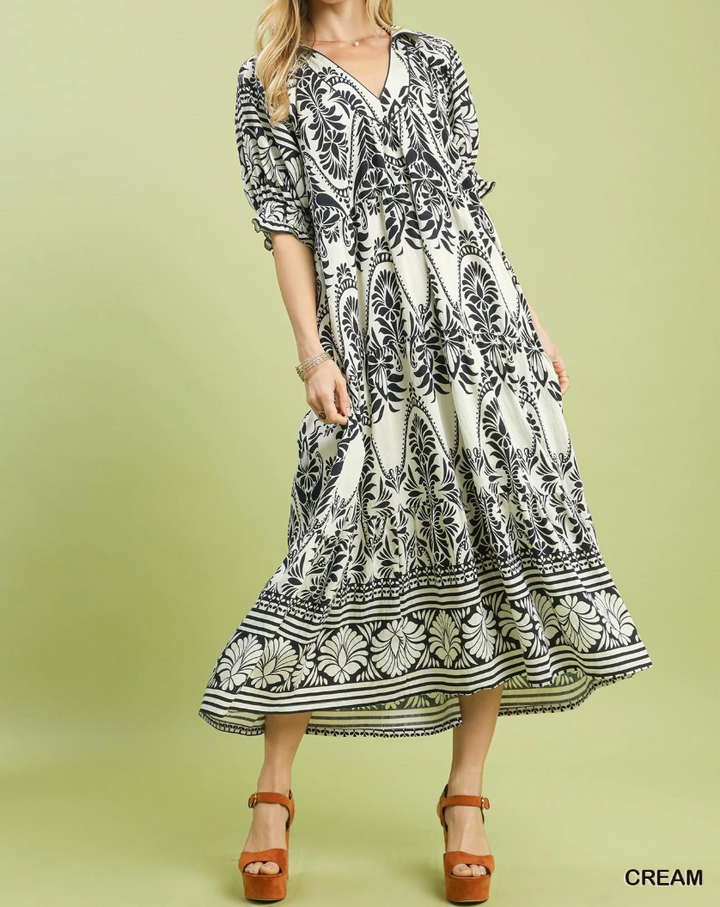 Two tone Border Print Midi Dress