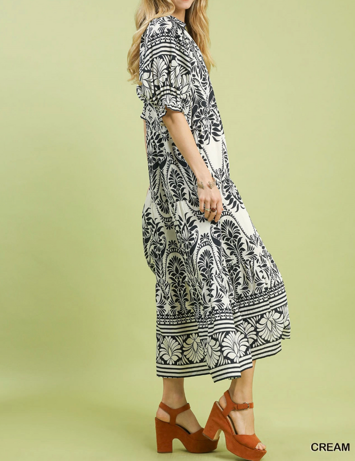 Two tone Border Print Midi Dress