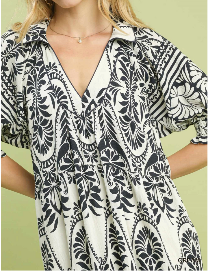 Two tone Border Print Midi Dress