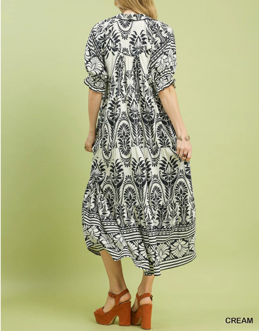 Two tone Border Print Midi Dress