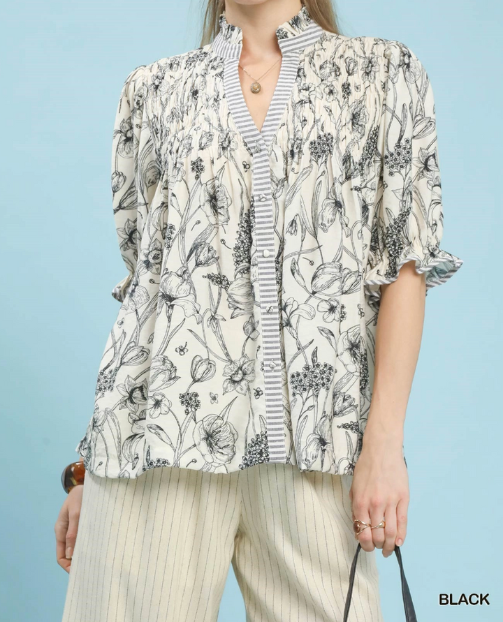 Mixed Print Button Front Top