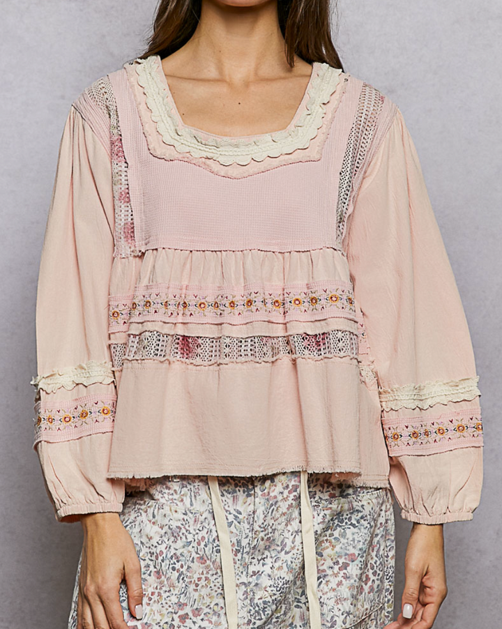 Romantic Lace-Trim Tiered Square-Neck Blouse