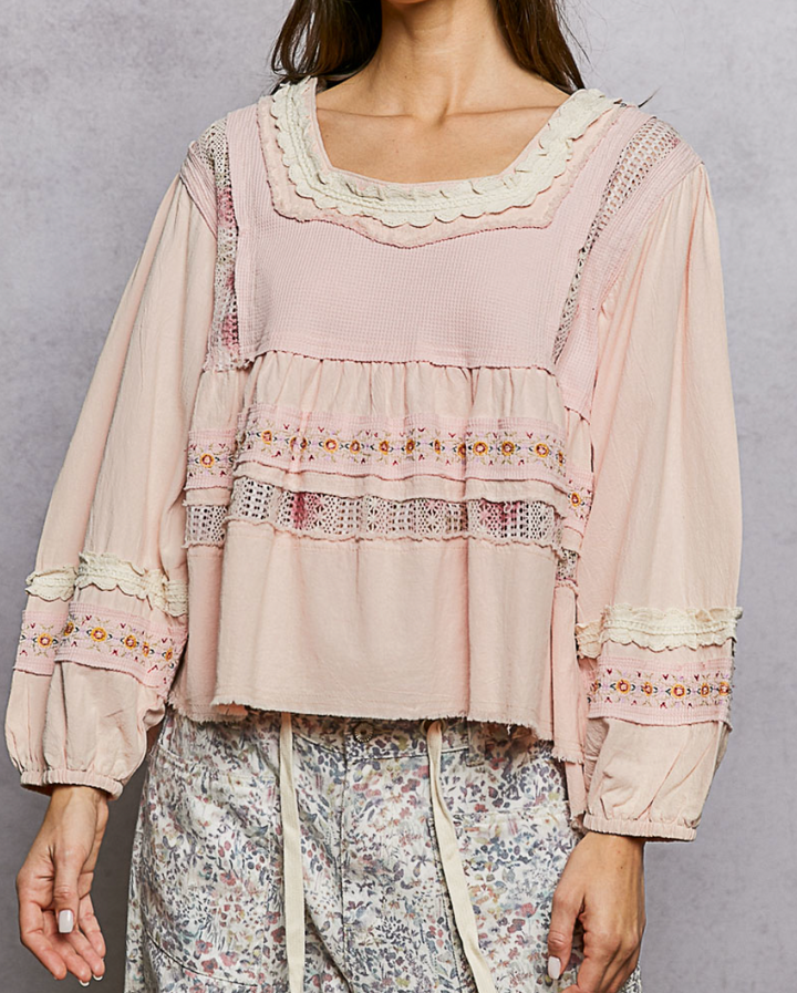 Romantic Lace-Trim Tiered Square-Neck Blouse