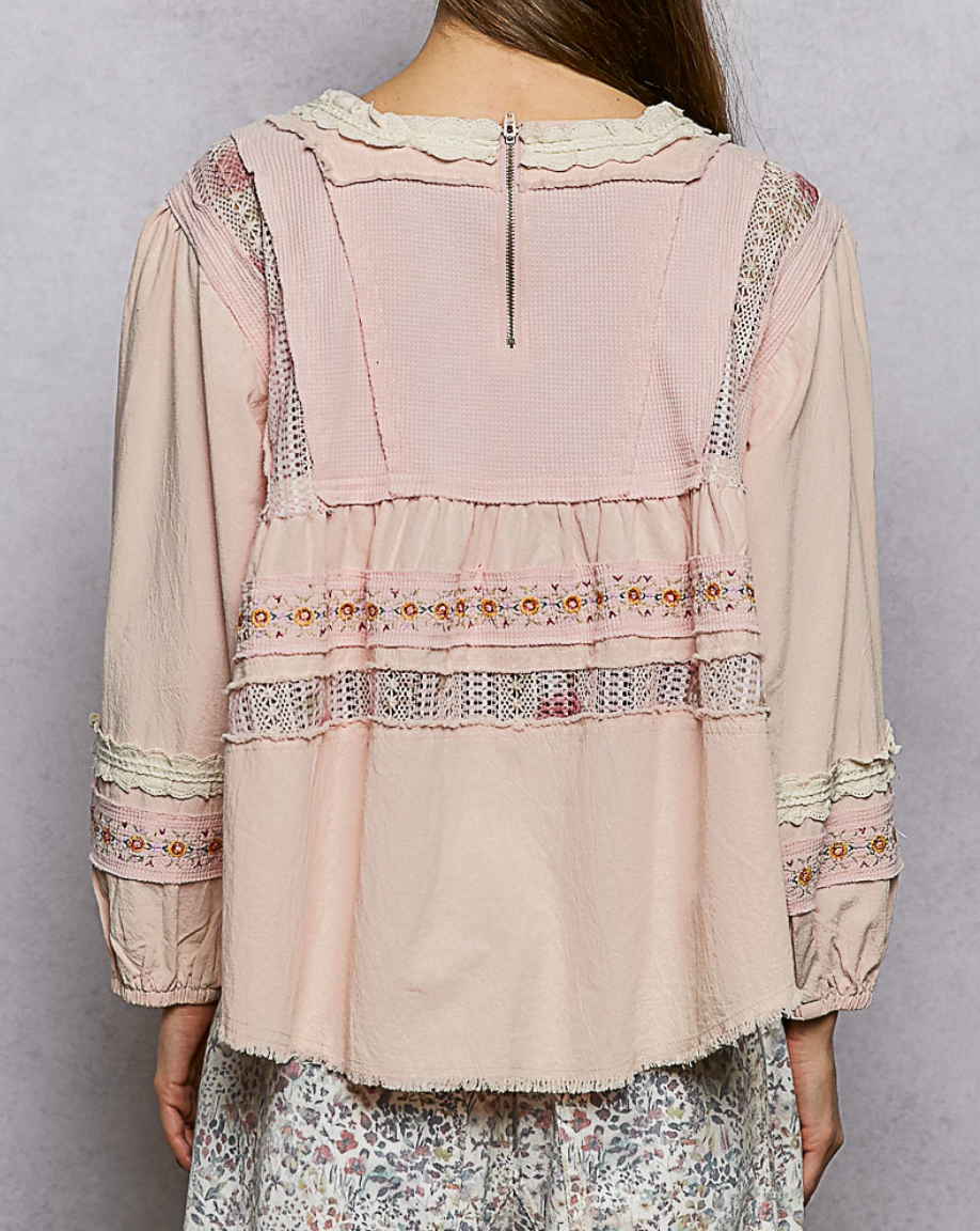 Romantic Lace-Trim Tiered Square-Neck Blouse
