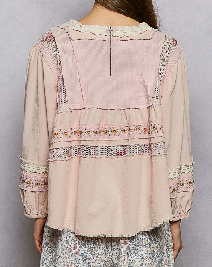 Romantic Lace-Trim Tiered Square-Neck Blouse