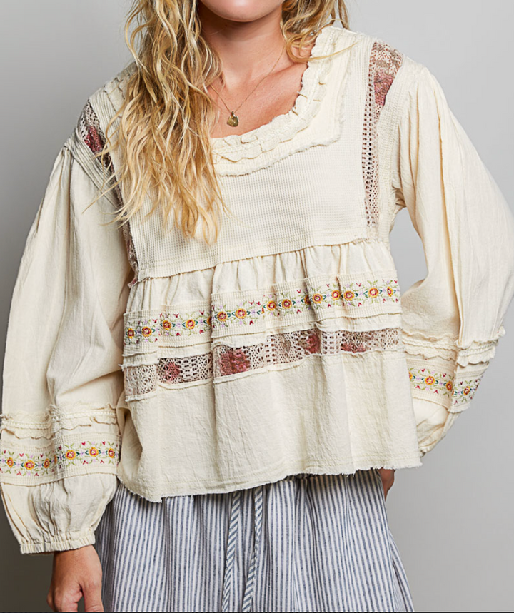 Romantic Lace-Trim Tiered Square-Neck Blouse