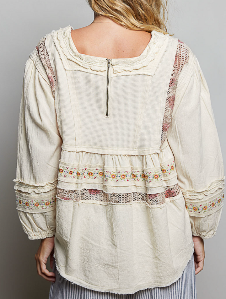 Romantic Lace-Trim Tiered Square-Neck Blouse