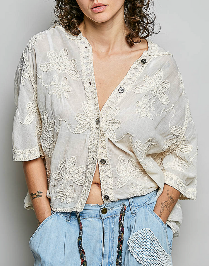Floral Crochet Button-Front Relaxed Blouse
