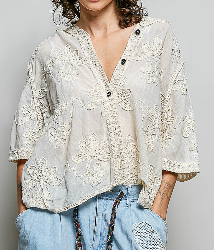 Floral Crochet Button-Front Relaxed Blouse