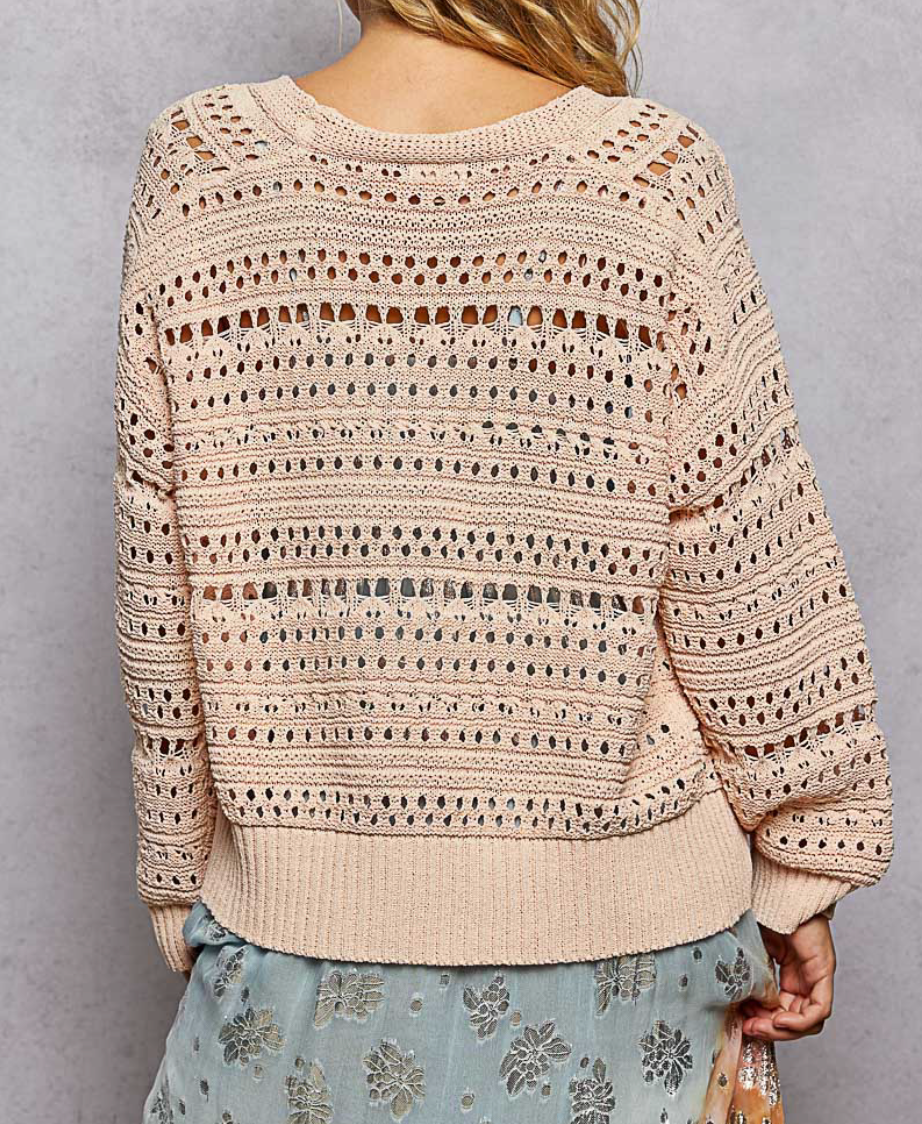 3D Floral Button Open-Knit Relaxed Cardigan