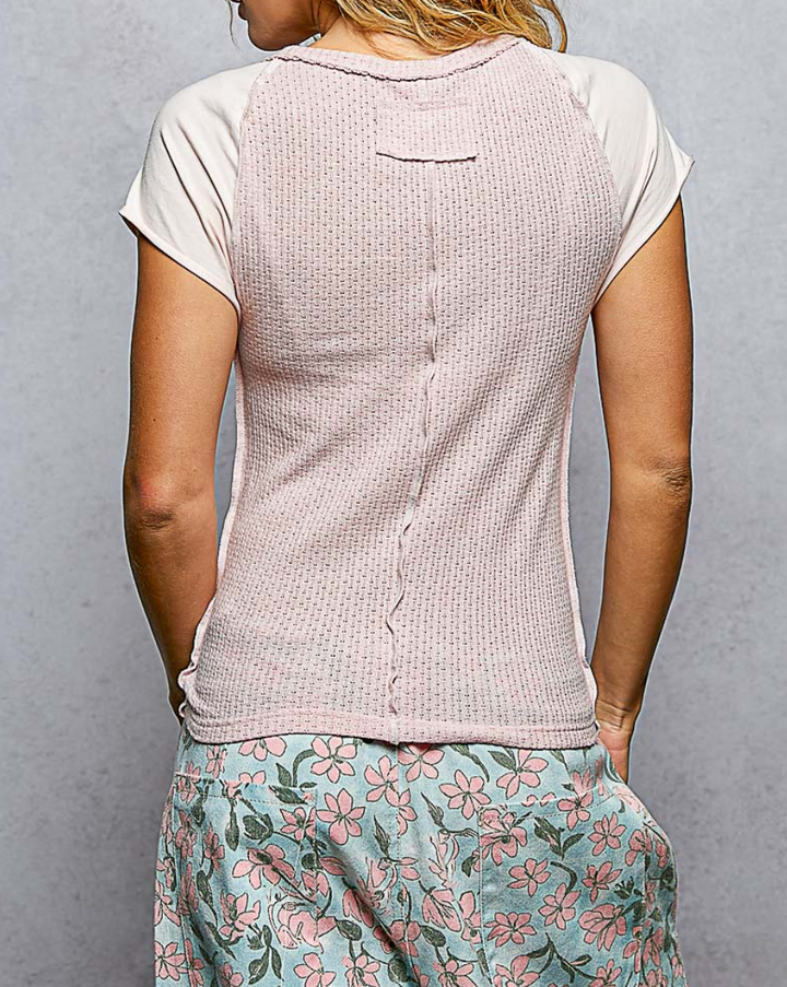 Textured Knit Contrast Sleeve Fitted Top