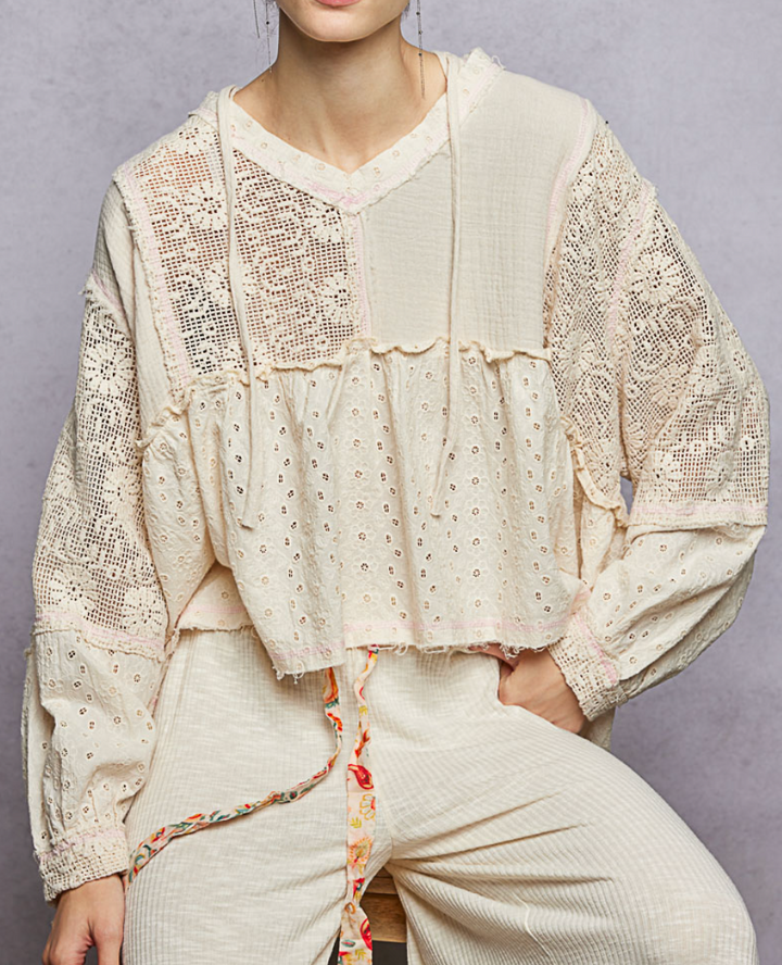 Vintage Washed Patchwork Balloon Sleeve Hoodie Top