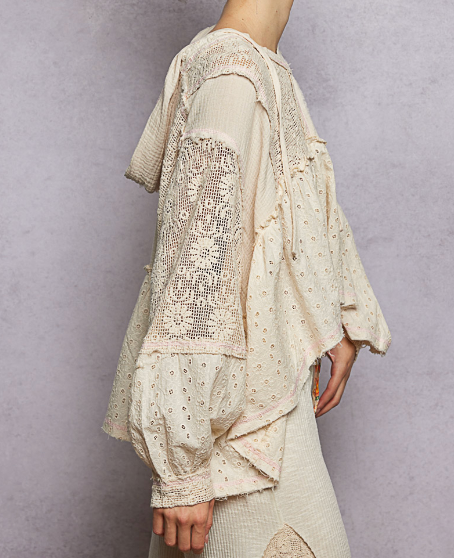 Vintage Washed Patchwork Balloon Sleeve Hoodie Top