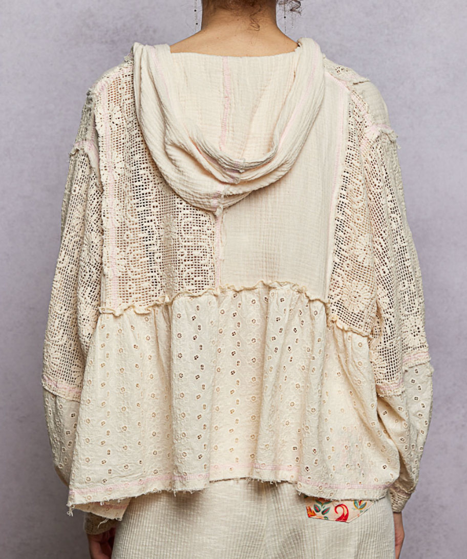 Vintage Washed Patchwork Balloon Sleeve Hoodie Top