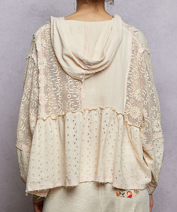 Vintage Washed Patchwork Balloon Sleeve Hoodie Top