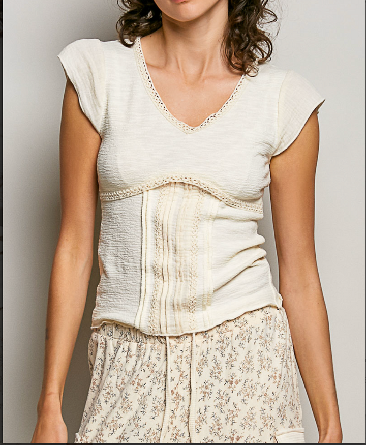 Crochet-Trim V-Neck Textured Knit Empire Top