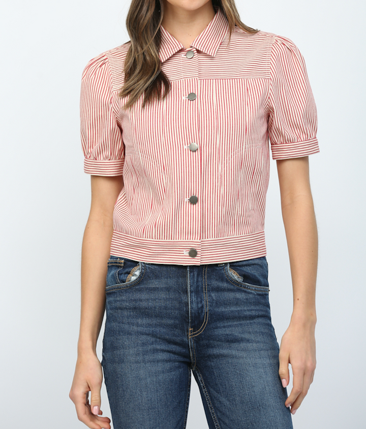 Shirt Sleeve Striped Denim Crop Jacket