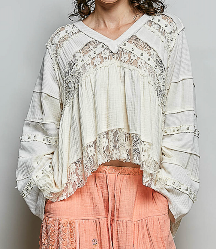 Lace-Detail V-Neck Double Gauze A-Line Top