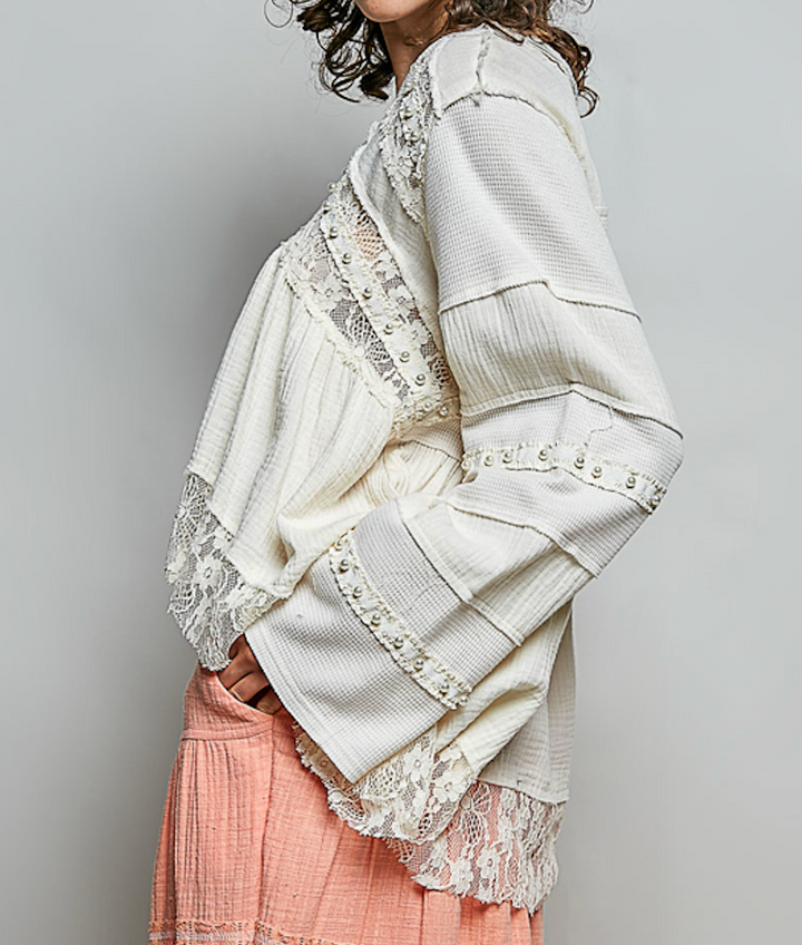 Lace-Detail V-Neck Double Gauze A-Line Top