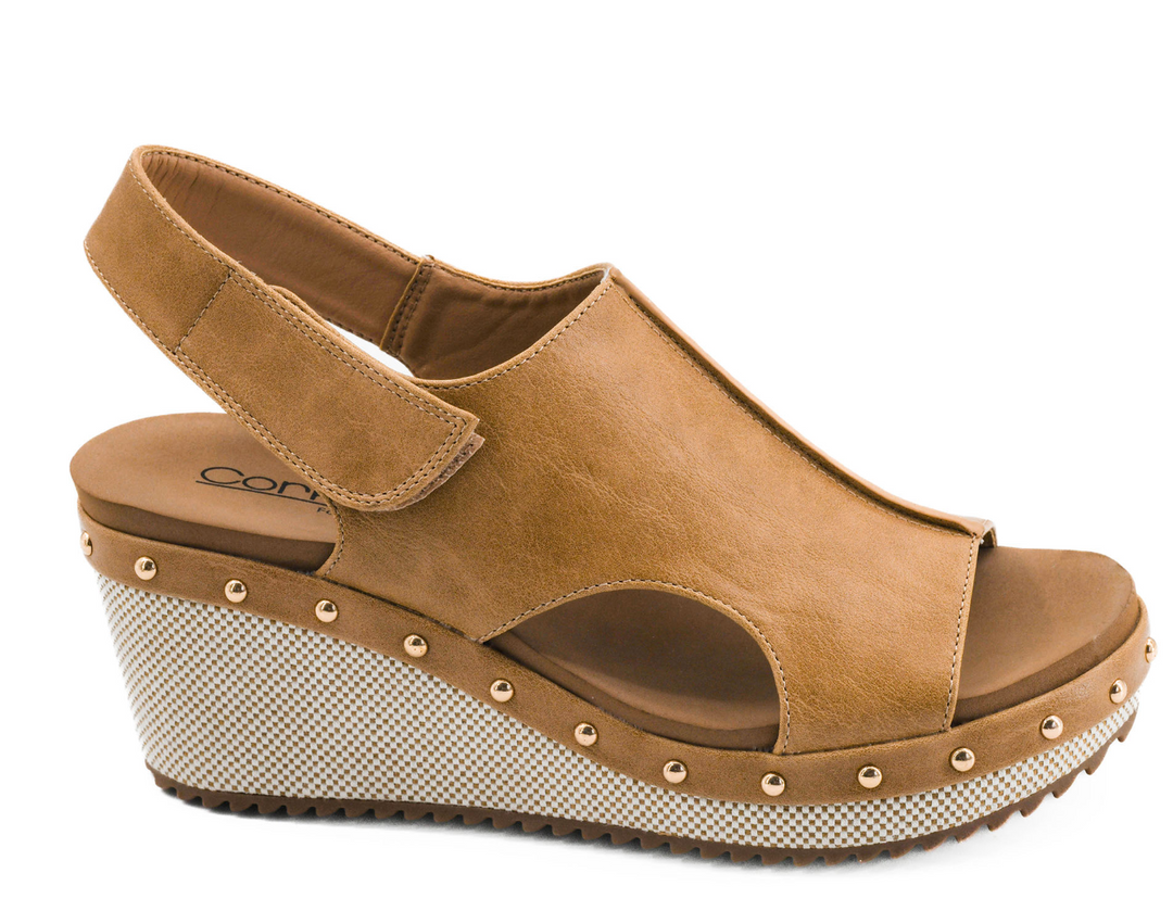 Corkys For Keeps wedge sandal in caramel brown leather with studded platform sole