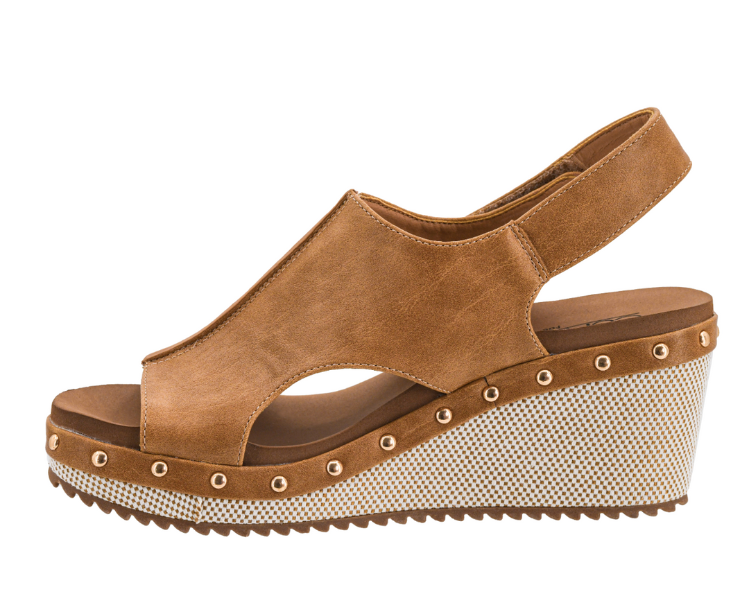 Corkys For Keeps caramel brown suede wedge sandal with studded platform sole