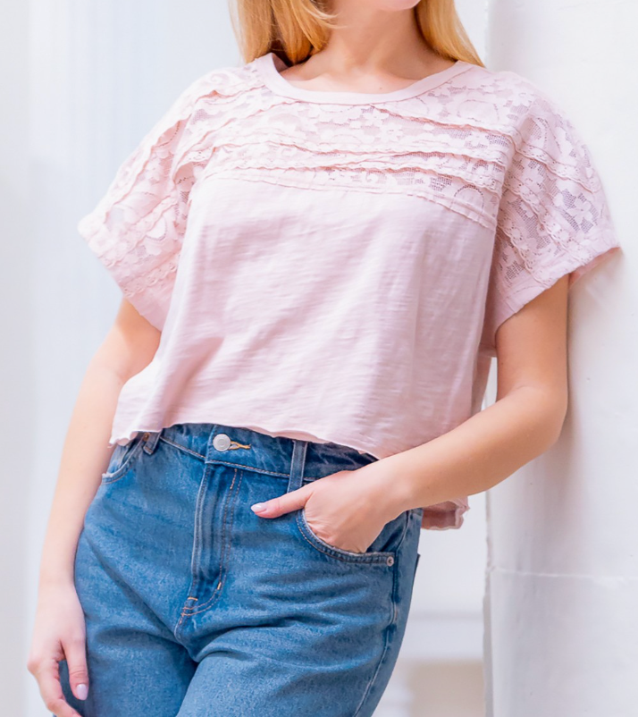 Laced Yoke w/ Lace Trim Round Neck Top