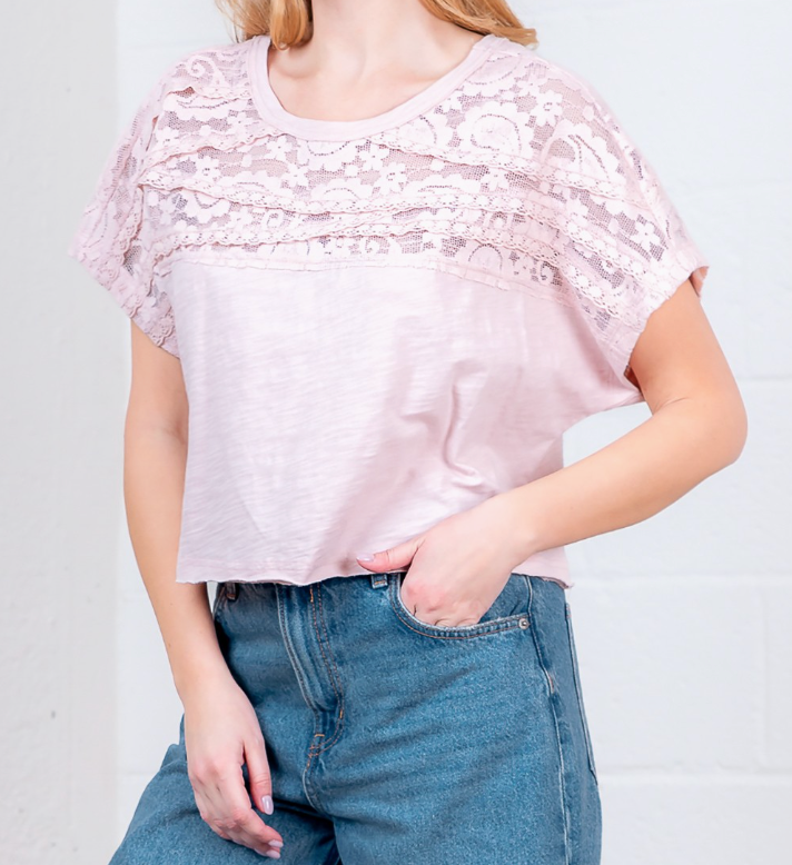 Laced Yoke w/ Lace Trim Round Neck Top