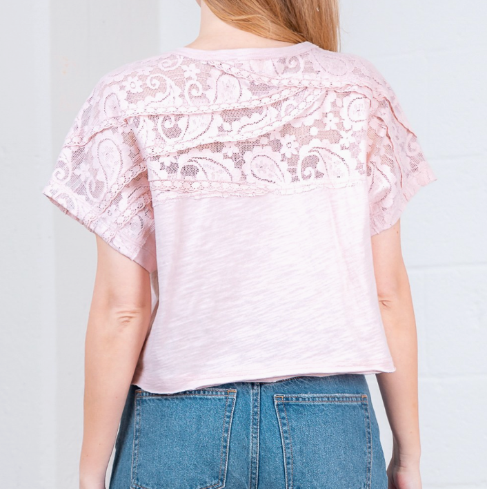 Laced Yoke w/ Lace Trim Round Neck Top