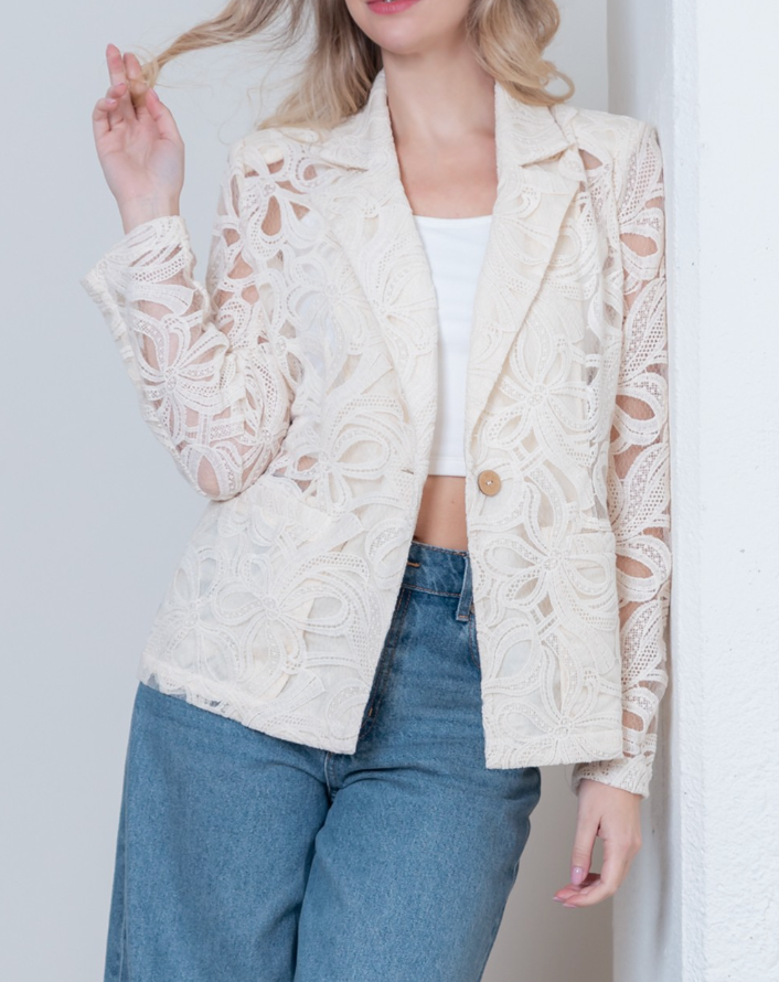 Long Sleeve One Button Lace Blazer
