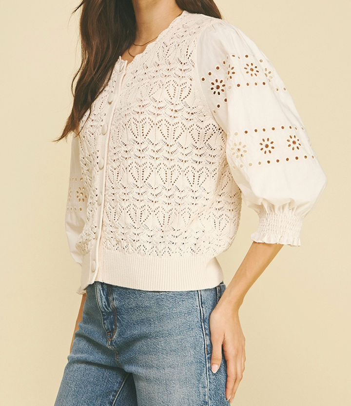 Eyelet & Knit Mixed Cardigan