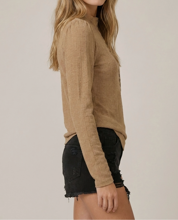 Ribbed Front Long Sleeve Top