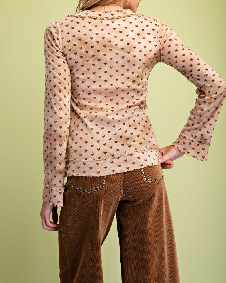 Heart Print Mesh Fitted Top