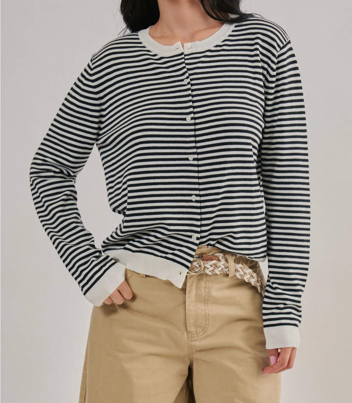 Breton Striped Knit Button Front Cardigan
