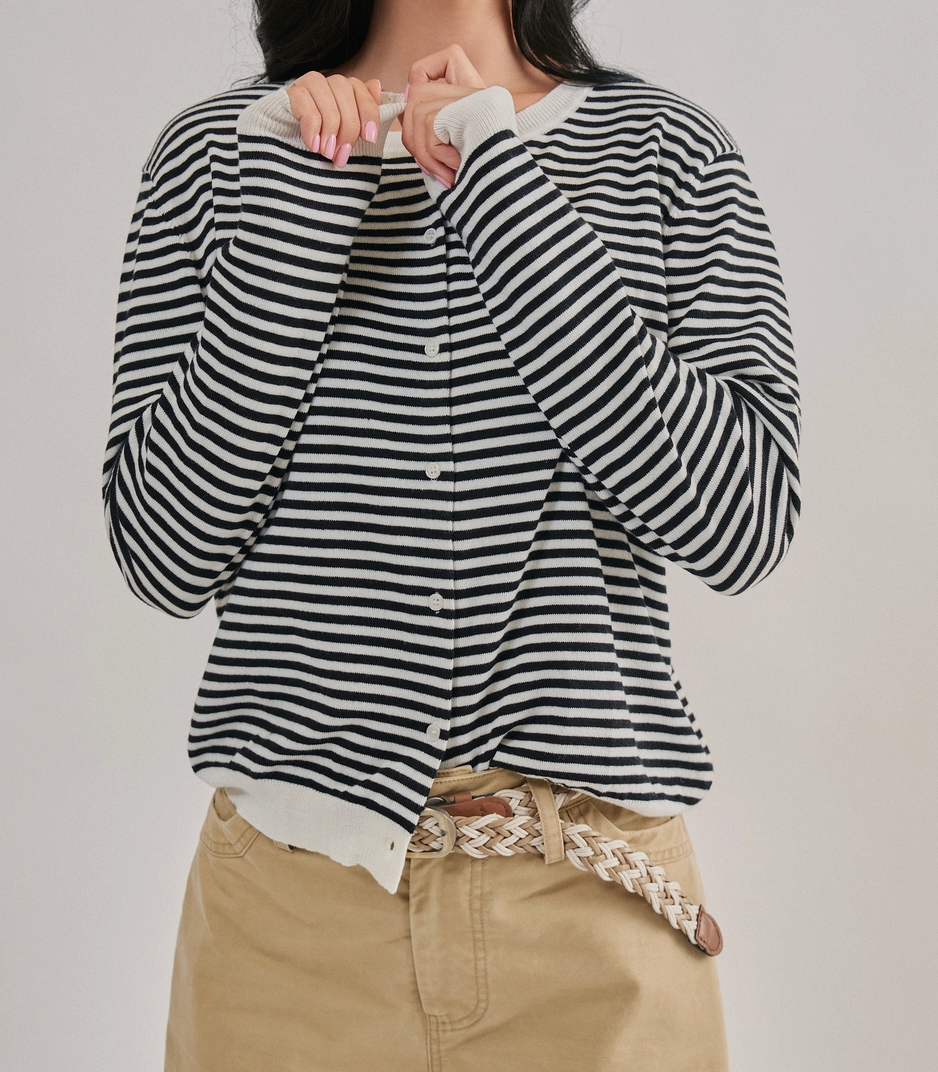 Breton Striped Knit Button Front Cardigan