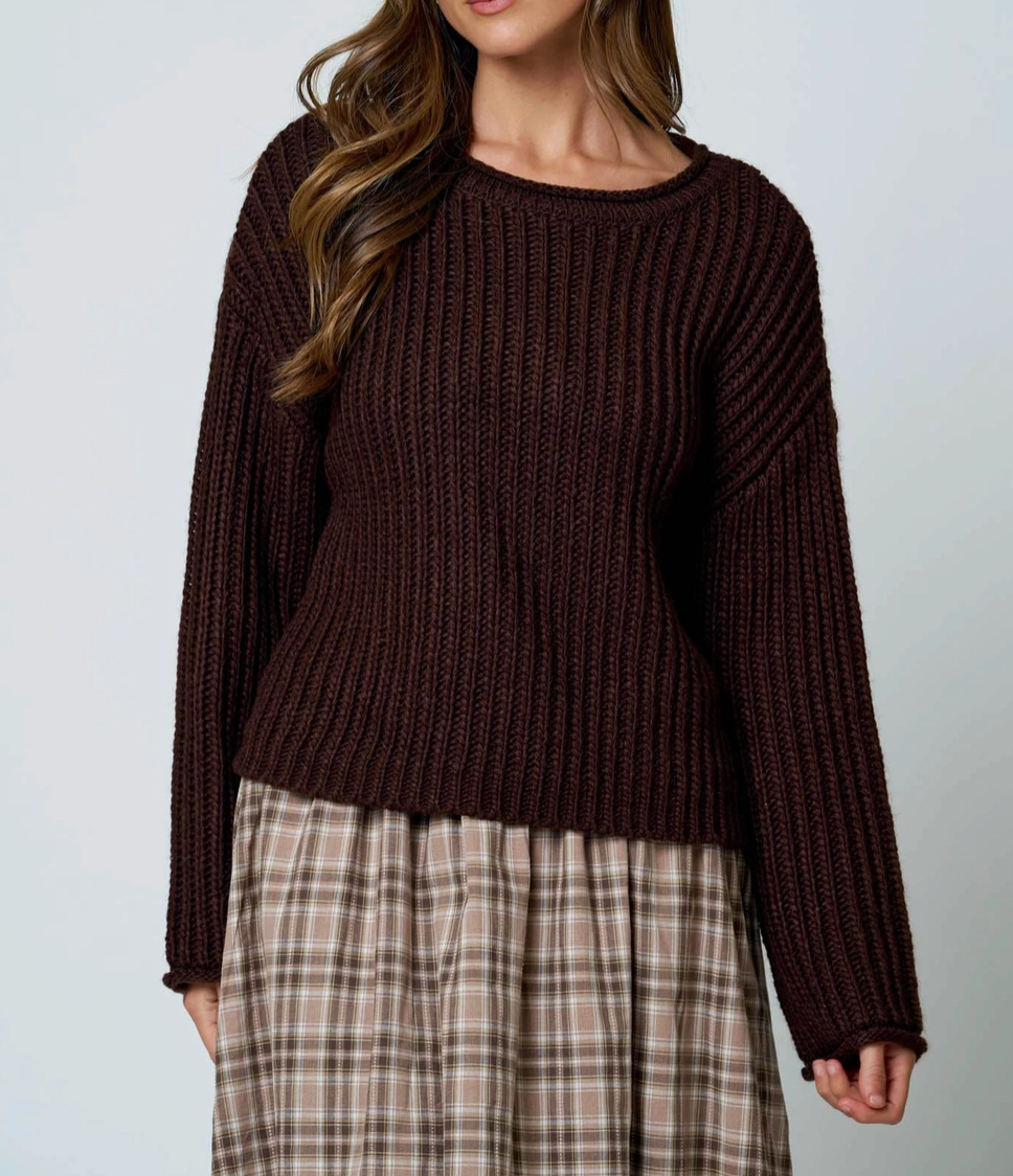 Roll-Up Raw Edge Detail Long Sleeve Knit Sweater