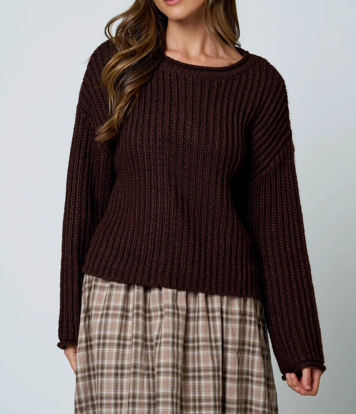 Roll-Up Raw Edge Detail Long Sleeve Knit Sweater