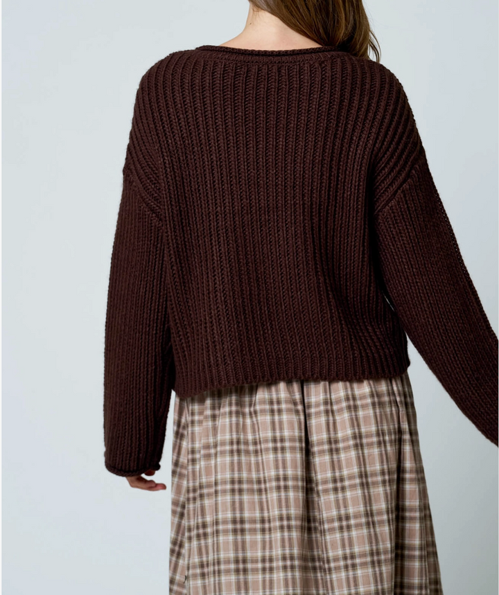 Roll-Up Raw Edge Detail Long Sleeve Knit Sweater